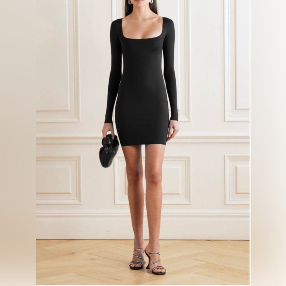 SKIMS Black Stretch Jersey Square Neck Long Sleeve Slip Dress, Size M